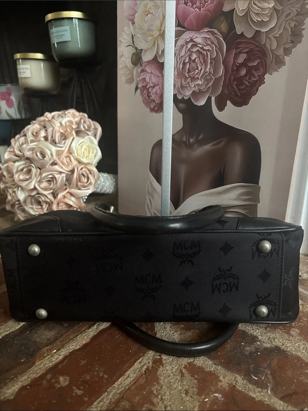 MCM Black Logo Dome Satchel with Gold Plaque